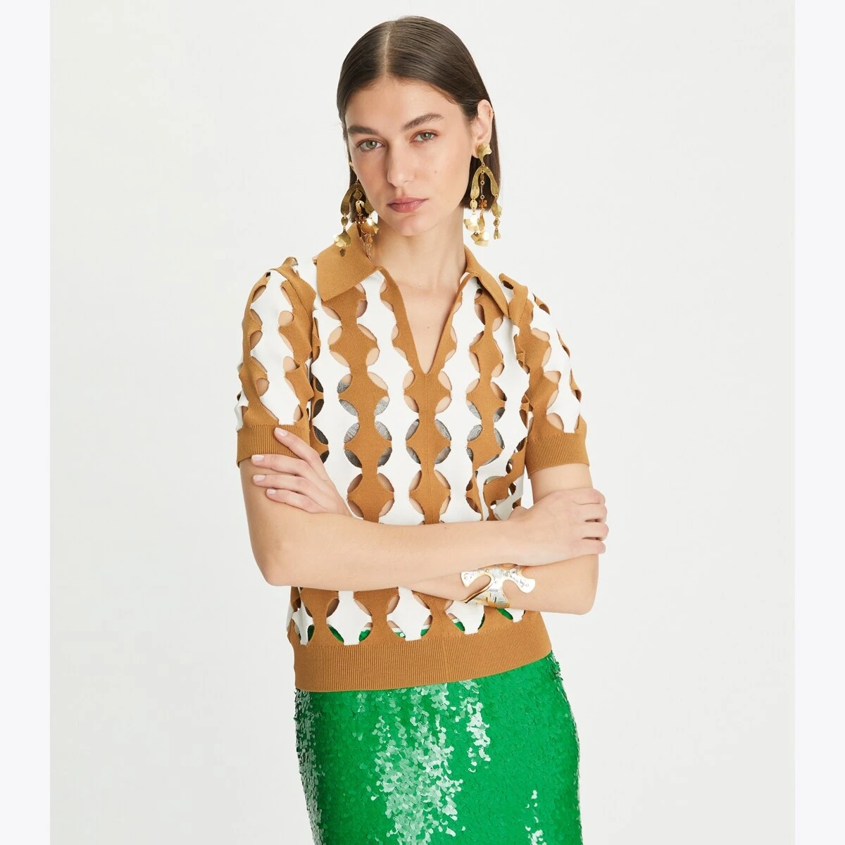 Tory Burch Cut-Out Viscose Polo 1 Tory Burch Cut-Out Viscose Polo